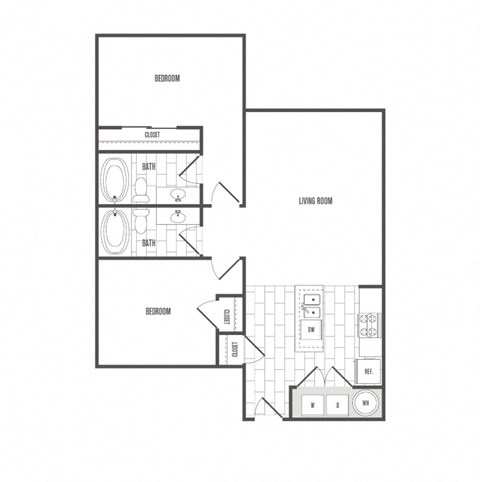 Floor plan for 2 beds, 2 baths, 897 sqft